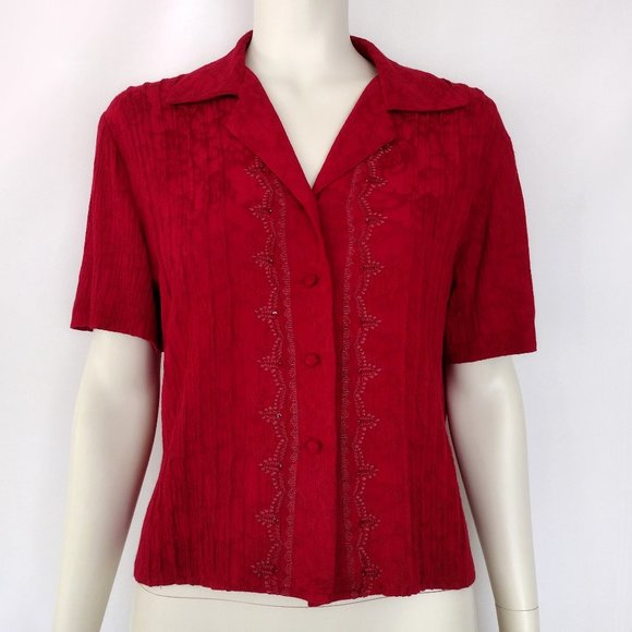 Dress Barn Red Floral Embroidered Beaded Rayon Button Down Blouse - Picture 1 of 11